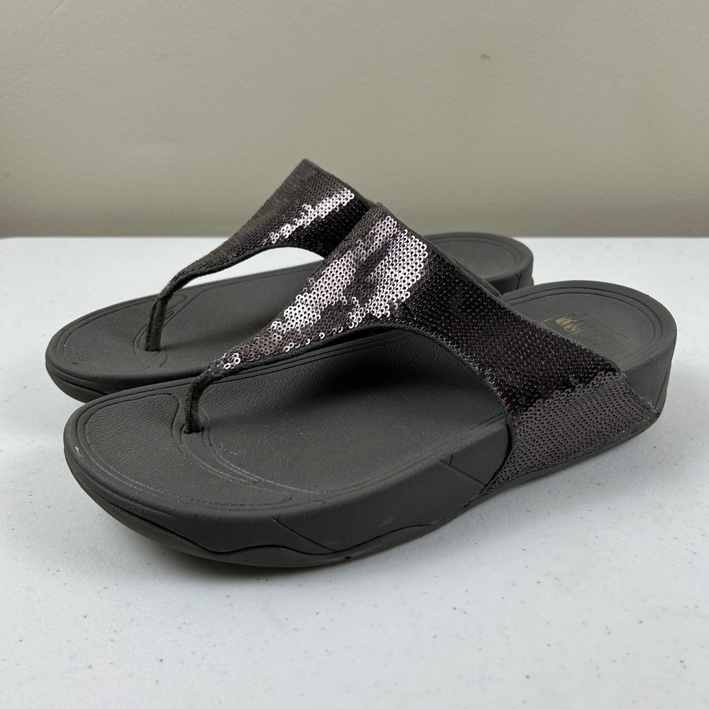 FitFlop Sequin Flip Flop Sandals Womens 8 Pewter Grey Comfort A18-054
